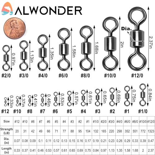 Alwonder Fishing Barrel Swivels, 40 to100-Pack Swivels Fishing Tackle Freshwater Saltwater Swivel Rolling Swivel Heavy Duty Stainless Steel Lures Leaders Line Connectors Terminal Tackle - size: #2(95LB)-100 Pack