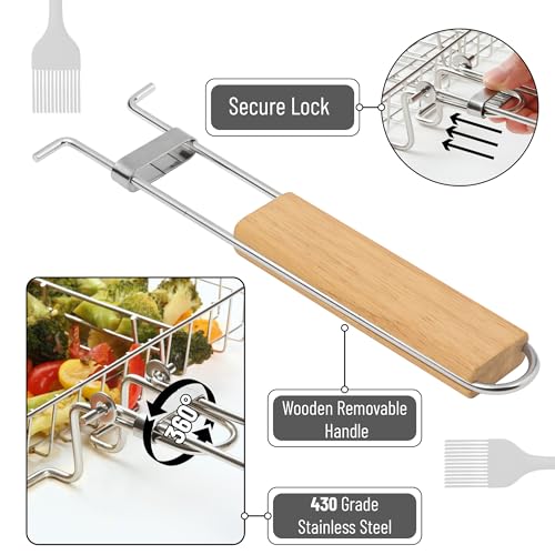 UNCO- BBQ Grill Basket, Folding Portable Stainless Steel BBQ Grill Basket with with Removable Wooden Handle & Basting Brush for Vegetables, Shrimp, Fish, Locking Grilling Basket for Outdoor, Camping - color: Wood Color Handle