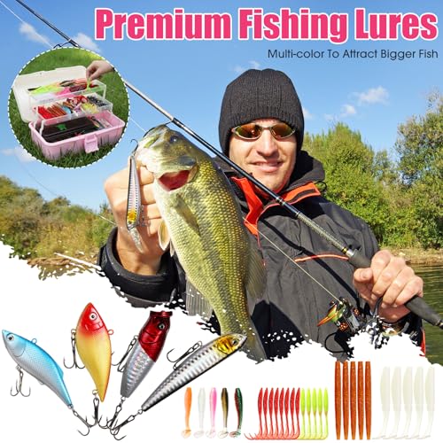 517 Pcs Large 3 Layers Tackle Box with Tackle Fishing Lures Kit Included Pliers, Fish Lip Gripper, Crankbait, Hooks, Other Accessories Fishing Kit for Men Gifts Summer Vacation(Pink White) - color: Pink White