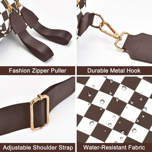 Checkered Nylon Crossbody Bag Bum Bag for Women Mom Large Checkered Fanny Packs with Adjustable Strap - color: Brown Checkered