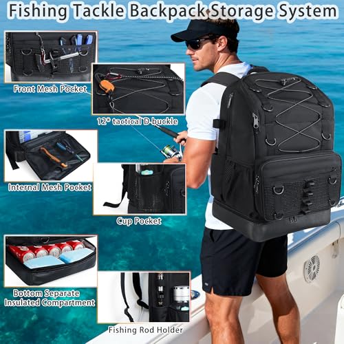 Fishing Backpack with 4 Tackle Boxes, Heavy Duty Fishing Bag with Waterproof Bottom, Tackle Backpack Gifts for Man Woman-Pure Black - color: Pure Black
