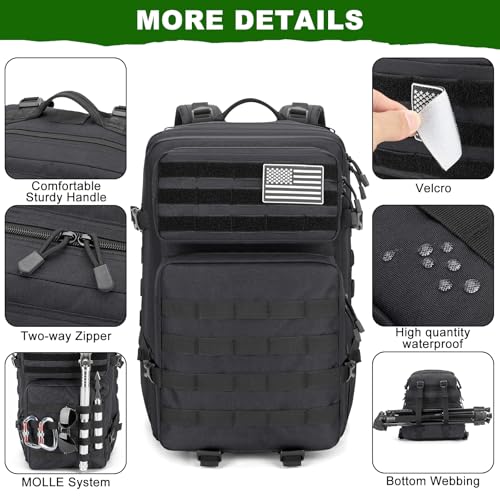 Tactical Backpack 45L Army Military Rucksack, Water Resistant MOLLE EDC Pack, Large 3 Day Bug Out Bag for Men & Women, Durable Outdoor Gear for Hiking, Camping, Hunting, Fishing,Travel (Black) - color: Black