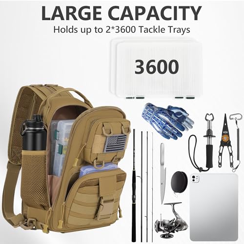 GMAK Fishing Backpack Tackle Sling Bag, Tactical Fishing Tackle Backpack with Rod & Gear Holder, Lightweight Outdoor Water-Resistant Tackle Gear Pack Shoulder Bags for Men Women, Khaki - color: Khaki, size: Standard, style: Sling Backpack