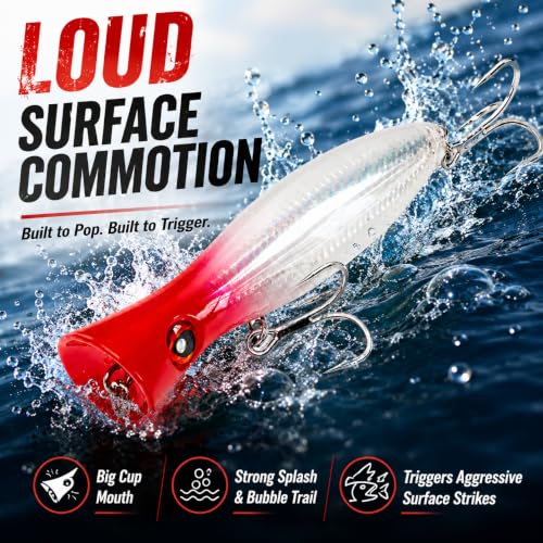 6.2 Inch 2.73 oz Saltwater Topwater Popper Fishing Lures with 3/0 4X Strengthened BKK Treble Hooks, Through-Wire for Strength & Durability, Target GT, Tuna, Sea Bass, Marlin - color: B2-2.73OZ-6.2''