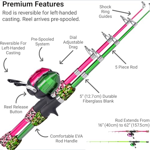 Lanaak Kids Fishing Pole, Kids Portable Telescopic Fishing Rod Set, Tackle Box and Fishing Net Combo Kit, Kids Fishing Gear for Boys and Girls Age 5-10 and Youth - color: 2 Pack (Camo Pink and Camo Green), size: 1.2m or 3.9FT