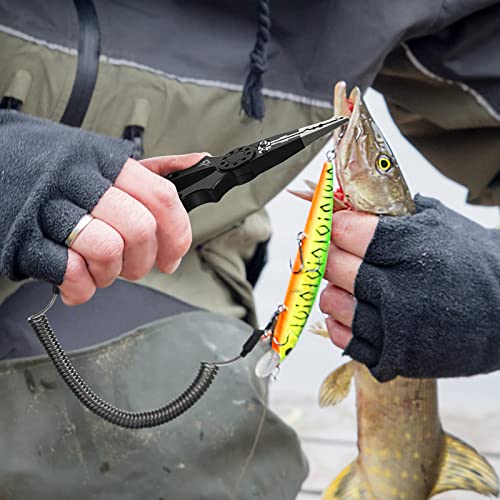 Piscifun Saltwater Fishing Pliers, Aluminum, Split Ring, Braid Cutter | Hook remover, tungsten carbide blade, spring-loaded jaws, ergonomic grip, sheath and lanyard - color: Black, style: Nylon Sheath