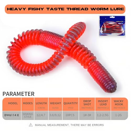 10Pcs/4.7'' Worms for Bait Bass Fishing, Soft Lures Plastic Noodle Wacky Worm Earthworm Silicone Threaded Bait for Ned rig, Fishing Lure Kit for Freshwater Saltwater - color: E