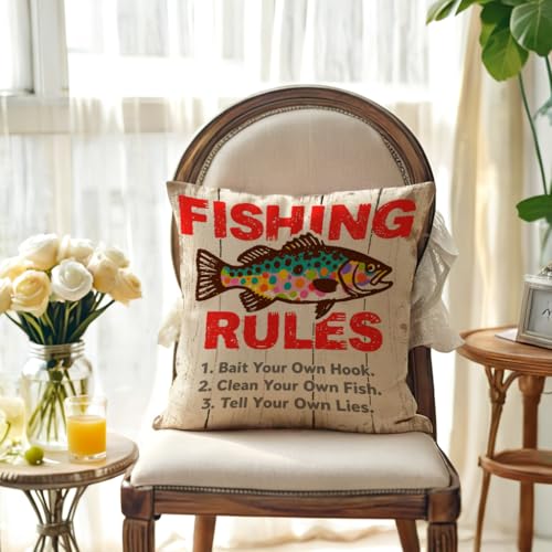 Rustic Fishing Throw Cushion Case 18x18 Inch with Fishing Rules Pillow Cover for Lake House Cabin Man Cave Couch Sofa Outdoor Funny Fish Decor Pillowcase (Beige Grey) - color: Beige Grey