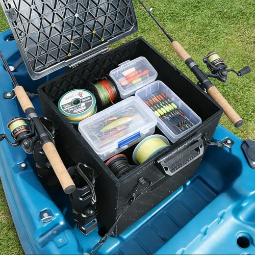 HLOGREE FlexCrate Kayak Fishing Crate with 4 Rod Holders (Assembly Needed),13''x13''x13'' Compact Kayak Tackle Storage Box & Gear Organizer for Kayaks,with Lockable Lid - Black,DIY & Lightweight