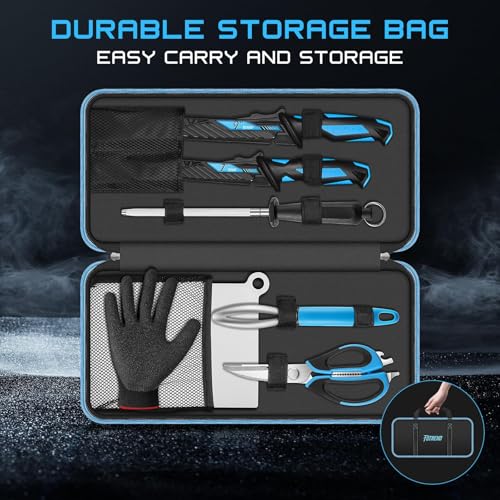 Fillet Knife Kit Combo, Fishing Knives and Honing Rod, Ultra-Sharp G4116 German Stainless Steel, Non-Slip Handle, Durable Storage Bag, Fishing Gifts for Men - color: Blue-8Pcs