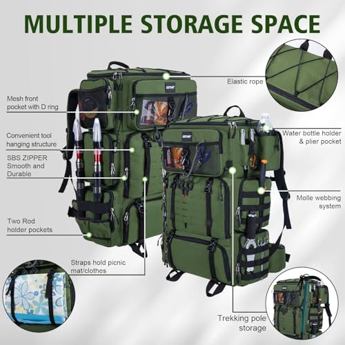Goture Fishing Backpack with Cooler, 72L 600D Tackle Backpack Included 4 3700 Tackle Boxes, Dry & Wet Split Compartment, Large Fishing Tackle Bag with Rod Holders,Rain Cover for Travel Camping Hiking - color: A2:Green with 4 3700 Tackle Boxes