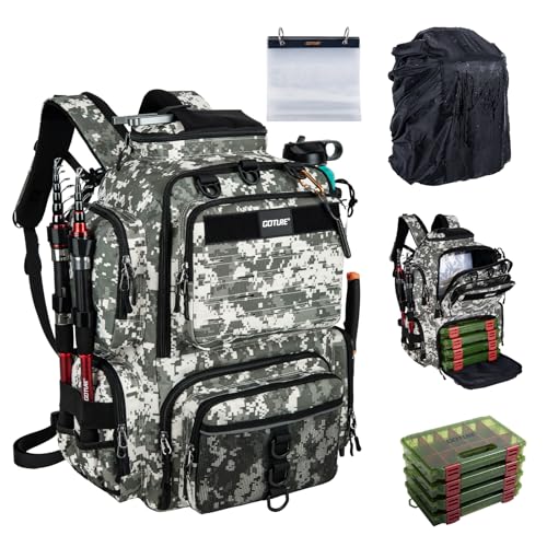 Goture Fishing Backpack with 4 Tackle Boxes,900D Water-Resistant Tackle Backpack with Rod Holders,SBS Zippers,45L Large Tackle Storage Gear Bag with Rain Cover,Bottle Holder for Travel Camping Hiking - color: A1:72# Camo, size: Include 4 Tackle Boxes
