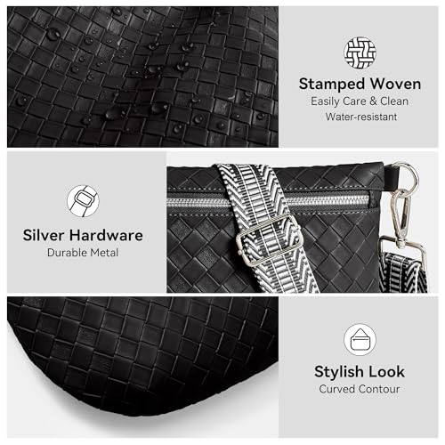 KALIDI Woven Crossbody Bags for Women Travel Vegan Leather Fanny Packs for Woman Cross Body Purse Fashion Belt Bum Bag with Wide Strap - color: Black
