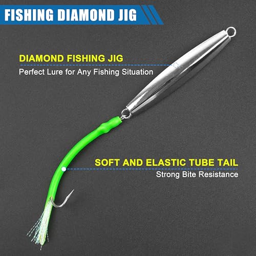 Diamond Jigs Saltwater Fishing Lures,Casting Jigging Spoon with Split Tube Tail Stainless Steel Hook Metal Jig Spoon Baits for Deep Sea Offshore Surf Fishing Bottom Sinking - color: Green-1pc, size: 2oz