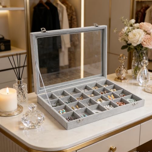 Wudygirl Jewelry Organizer Velvet Jewelry Tray 24 Grid Jewelry Box Earring Holder Organizer Removable Display Case Organizer Glass Top Lid & Lock (24 Grid) - color: Gray, size: 24 Grid