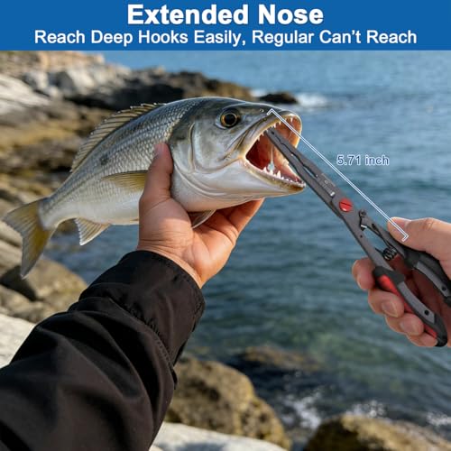 Fishing Pliers – Teflon Coated Stainless Steel Long Nose Hook Remover | Braid Line Cutter, Split Ring Pliers, Non-Slip Grip | Saltwater & Freshwater Fishing Tool