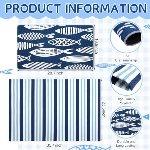 Tinideya 2 Pcs Blue Coastal Fish Door Mat Outdoor Summer Nautical Beach Welcome Front Door Mat Layered Navy Blue and White Striped Entryway Rug Non Slip Lake Beach House Decor for Front Porch Outside - size: 16 x 28 Inch,24 x 35 Inch, style: Coastal