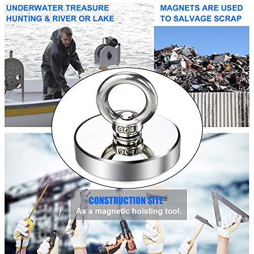 DIYMAG Strong Neodymium Fishing Magnets with Countersunk Hole Eyebolt Diameter 2.95 inch(75 mm) 650 lbs(295 KG) Pulling Force for Retrieving in River and Magnetic Fishing-2pack - size: 75mm 2P