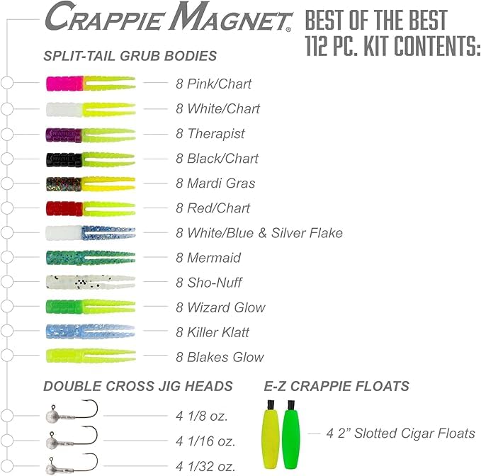 Leland's Lures Crappie Magnet Best of the Best Kit, Fishing Equipment and Accessories, Fishing Lures, 96 Bodies, 15 Double Cross Jig Heads, 4 E-Z Floats