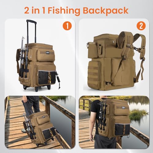 Goture 66L Rolling Tackle Box with Cooler, Khaki Large Fishing Bag with Wheels for 5 3700 Trays(Trays Not Included), Saltwater Resistant Tackle Backpack with Rod Holders - color: Khaki, size: No Trays