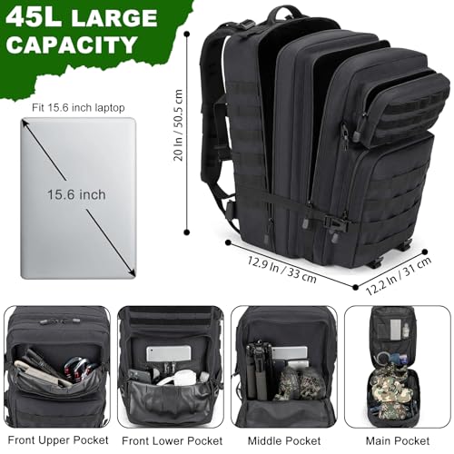 Tactical Backpack 45L Army Military Rucksack, Water Resistant MOLLE EDC Pack, Large 3 Day Bug Out Bag for Men & Women, Durable Outdoor Gear for Hiking, Camping, Hunting, Fishing,Travel (Black) - color: Black