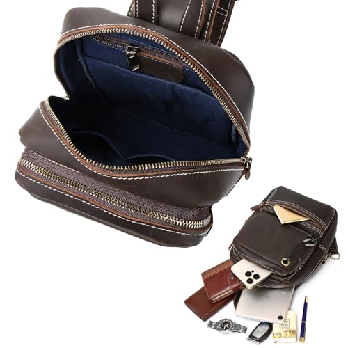 Genuine Leather Sling Bag for Men Women Shoulder Backpack Satchel Crossbody Chest Casual Outdoor Daypack - color: #05deep Brown