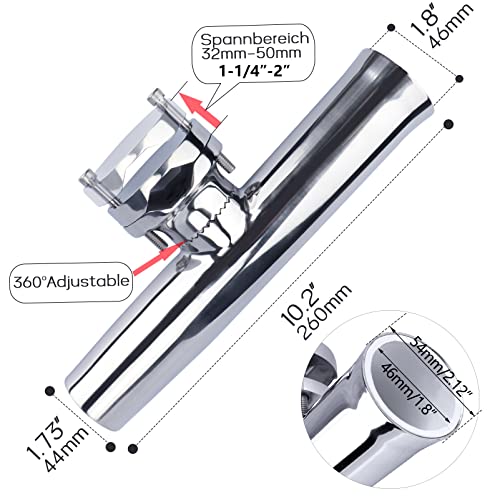 (2X) 316 Stainless Tournament Style Boat Fishing Holder Clamp on Fishing Rod Holder for Boat 1-1/4" to 2" Rail Gimbal Pin at Bottom