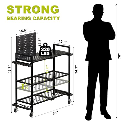 Fishing Rod Holders for Garage, Fishing Rod Stand with Wheels and Pegboard, 3-Tier Pole Storage Rack with 8 Hooks and 12 Rod Slots, Ideal for Tackle, Backpacks, and Gear - color: Black