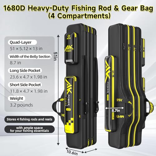 Fishing Rod Case & Bag Triple-Layer - 1680D Oxford, Wire-Reinforced Anti-Deforming, Foldable Portable, Quick-Access Compartments, Fishing Gift for Men Anglers - color: Black, size: 51.18inch, style: Quadruple - Layer