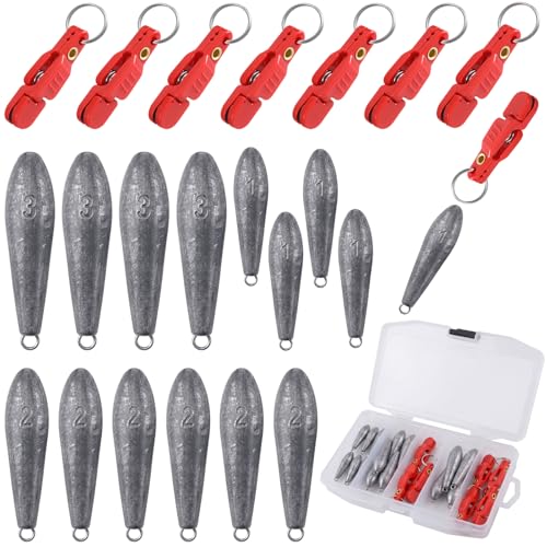 19/21/42 Piece Snap Weight Kit Trolling System Include Trolling Weights Red Clips Bullet/Fish Shape Fishing Weights for Walleye Saltwater Freshwater Fishing