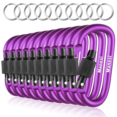 10 Pack 3Inch Aluminum D Ring Key Rings Hiking Clips Locking Carabiner for Hiking Camping Fishing and Outdoor Use，Clips with Screw Gate Multicolored - color: Purple