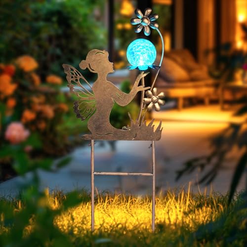 HONGLAND Solar Lights Fairy Garden Decor for Outside,Fairy Figurine Decorative Stake Housewarming Gifts for Patio Lawn Yard Pathway Outdoor Decor-Unique Valentines Day Gifts for Women Mom Grandma - color: Gold Fairy