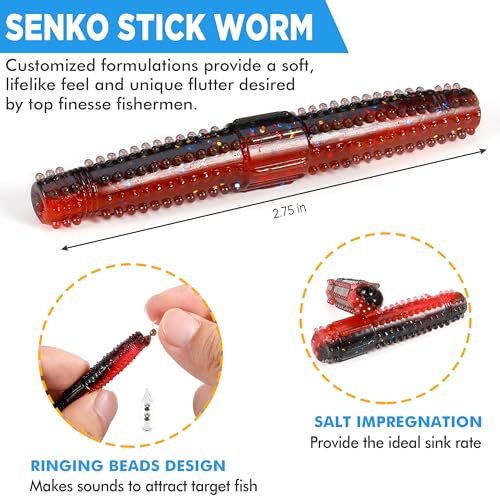 PLUSINNO Wacky Worm Fishing Lure Kit, Soft Plastic Fishing Lures, Grub Baits Hook Wacky Rig Bass Trout Fishing Worms Lures w/Tackle Box - color: 65PCS Stick Worms Ned Rig Kit