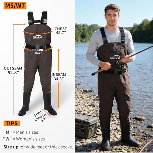 Fishing Waders for Men & Women, Waterproof 2-Ply Nylon/PVC Chest Wader with Boots for Outdoor Sizes 4-13 Bootfoot - color: Brown, size: US-M5/W7