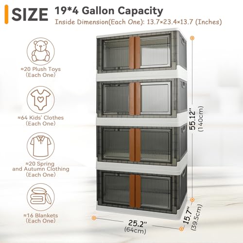 Storage Boxes, Extra Large Cabinet with Lids, 19 Gallon(72L) Capacity (Each One), 4 Packs, Useful Box with Door and Buckles, Foldable, Transparent, Excellent Home Organizers - color: White,Gray, size: 19 Gal (72L) × 4