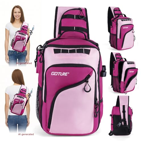 Goture Pink Fishing Tackle Bag, 1680D Water-Resistant Sling Fishing Backpack with Rod Holder, Anti-Slip Waist Strap, 3 Fishing Tackle Boxes, Fishing Gifts for Women Girls - color: Pink, style: 1680d Double-strand Pu Backpack + (3)3600 Trays
