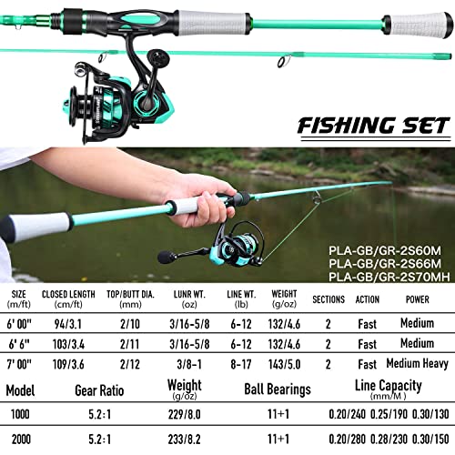 One Bass Spirit Flame Fishing Rod Reel Combo, Spinning Fishing Pole with Graphite 2Pc Blanks, Stainless Steel Guides - color: Blue, size: 7'0"Medium Heavy-Fast with 2000 Reel