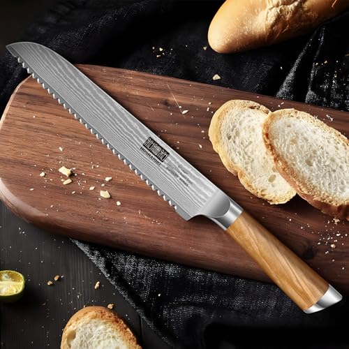 HOSHANHO Bread Knife 8 Inch, Damascus Steel Bread Kitchen Knife with Ergonomic Olive Wood Handle, Professional Ultra-Sharp Serrated Knife for Homemade Bread, Sourdough Bread Cutting - style: 8.1 Inch Bread Knife