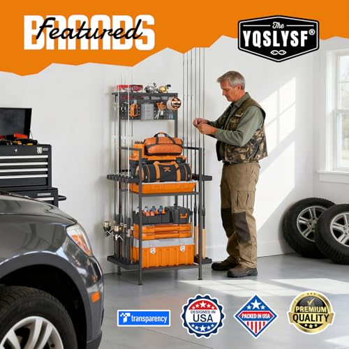 YQSLYSF Fishing Rod Holders for Garage with Pegboard & Metal Mesh Basket, Fishing Rod Storage Rack, Vertical Fishing Pole Holder for Up to 12 -24 Poles, Tackle Gear Organizer