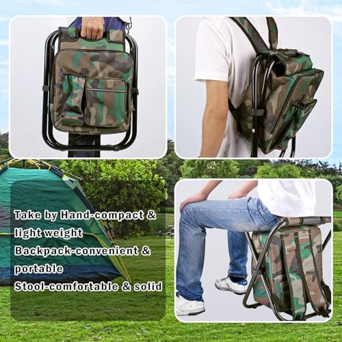 Kikerike Folding Stool Backpack Insulated Cooler Bag, Collapsible Camping Hunting Fishing Multifunction Chair with Front Pocket and Bottle Pocket for Outdoor Events, Hiking, Travel, Beach - color: Camouflage