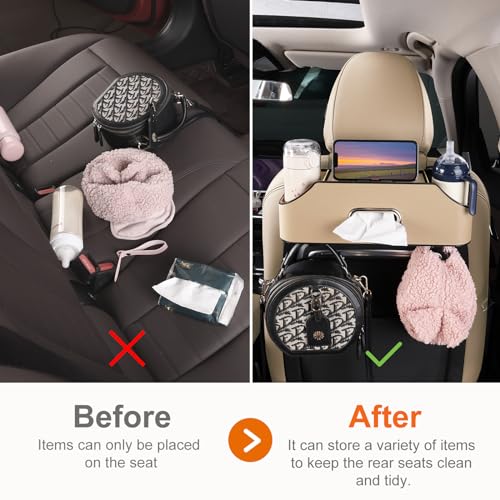 Car Rear Backseat Extra Multifunctional Drink Cup Holder Organizers With Tissue Storage Box Organizer & Hooks For Car Seat Back.Beige - color: Beige