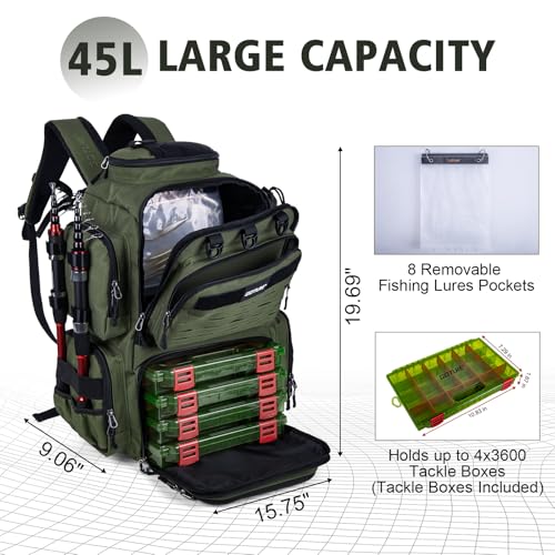 Goture Fishing Backpack with 4 Tackle Boxes,900D Water-Resistant Tackle Backpack with Rod Holders,SBS Zippers,45L Large Tackle Storage Gear Bag with Rain Cover,Bottle Holder for Travel Camping Hiking - color: A1:Army Green, size: Include 4 Tackle Boxes