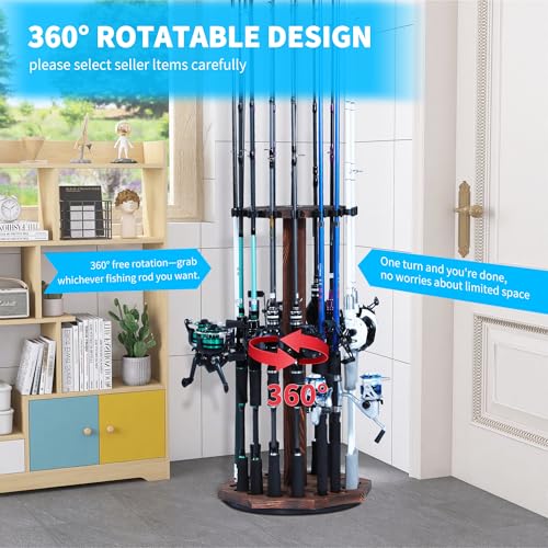 360° Rotating Natural Wood Fishing Rod Holder, Round Floor-Standing Fishing Rack Stores 16 Rods, Fishing Pole Storage Organizer for Garage, Basement, or Shed, Easy to Install - size: Round