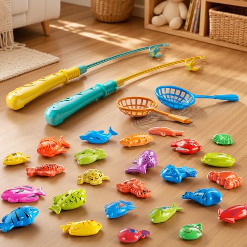 TEMI Fishing Toy Game for Kids 3 4 5 6 7 8 Years Old, 51 Fish Bath Playset for Toddlers, Toy Magnetic Rod and Fishing Net, Outdoor Water Toys for Kids Age 3-5, Party for Boy and Girl - size: 51 Fish