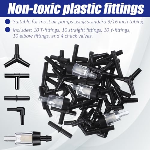 Skrfren 40 Piece Aquarium Airline Tubing Connectors I T L Y, 4pcs Aquarium Air Pump Check Valve Anti Shedding Fish Tank Tube Adapters Splitter Accessories for 3/16 Inch Airline Tubing (Black)