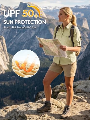 Haimont Women's UPF 50+ Long Sleeve Hiking Button Down Shirt | Quick-Dry, Mesh Back Vents, Roll-Up Tabs, Rod Holder, Lens Cloth, Camping & Travel - color: Khaki, size: Small