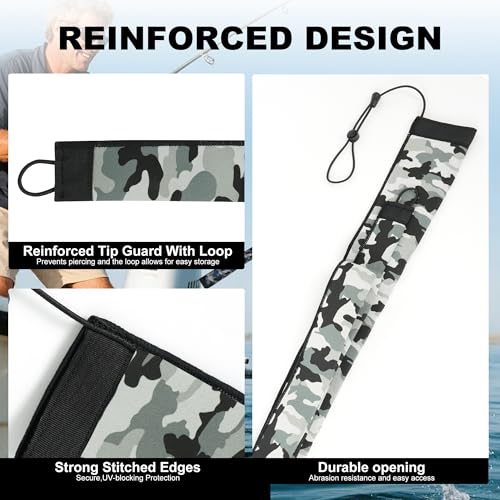 Neoprene Camo Fishing Rod Sleeves,Fishing Pole Sleeves,Fishing Rod Socks | UV Resistance,Puncture Resistant, Protect Casting, Spinning, Trolling Fishing Rods, Storage, tangled-free,75in,68in,60in - color: 2-Light Green Camo, size: 60"