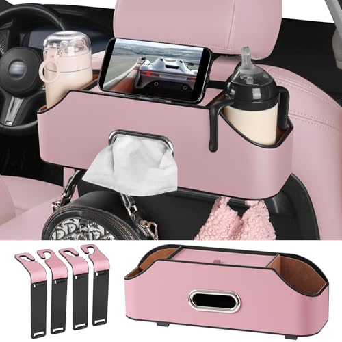 Car Rear Backseat Extra Multifunctional Drink Cup Holder Organizers with Tissue Storage Box Organizer & Hooks for Car Seat Back. Pink - color: Pink