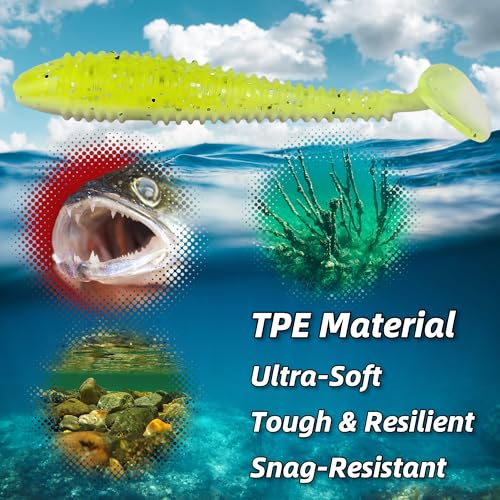 Soft Plastic Paddle Tail Swimbaits Pack of 15 – 3" Soft Plastic Fishing Lures with Extra-Large Tail for Lifelike Swimming Action – Freshwater & Saltwater - color: Green-yellow