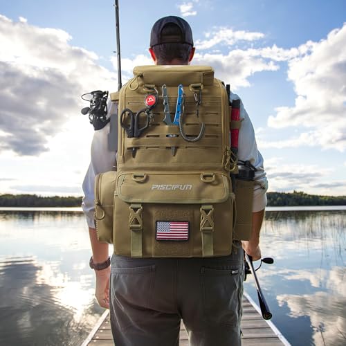 Piscifun 52L Fishing Tackle Backpack with Rod Holders & 4 Tackle Boxes, Large Tackle Bag for Gear Storage with Rain Cover - color: Khaki